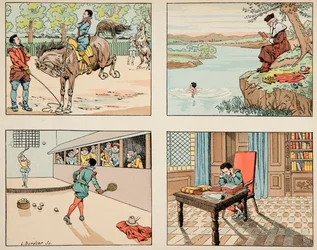 Illustration taget fra bogen "" Le bon roy Henri"", illustreret af Jacques Marie Gaston Onfray de Breville dit JOB (1858-1931): Uddannelse af Henri IV - Privat samling