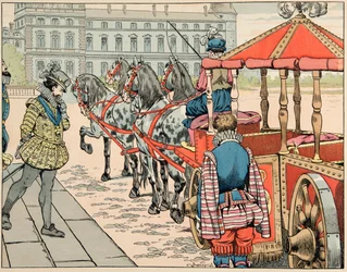 Illustration hentet fra bogen "" Le bon roy Henri"", illustreret af Jacques Marie Gaston Onfray de Breville dit JOB (1858-1931): Den 14. maj 1610 ærgrer Henri IV at køre i sin udækkede vogn - Privat samling