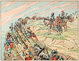 Illustration taget fra bogen "" Le bon roy Henri"", illustreret af Jacques Marie Gaston Onfray de Breville dit JOB (1858-1931): Henri IV i krig etablerede sin lejr nær Dieppe med sit artilleri - Privat samling