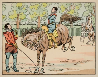 Illustration hentet fra bogen “” Le bon roy Henri””, illustreret af Jacques Marie Gaston Onfray de Breville dit JOB (1858-1931): Uddannelse ved 1500-tallets ridning - Privat samling