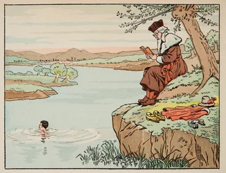 Illustration hentet fra bogen “Le bon roy Henri”, illustreret af Jacques Marie Gaston Onfray de Breville dit JOB (1858-1931): Uddannelse i det 16. århundrede: svømning - Privat samling