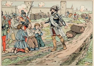 Illustration taget fra bogen “Le bon roy Henri””, illustreret af Jacques Marie Gaston Onfray de Breville dit JOB (1858-1931): Henri IV giver penge og befrier bønder, der forsøgte at indføre mad i Paris - Privat samling