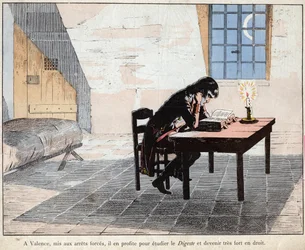 I Valencia (fængsel) benytter Napoleon lejligheden til at studere Digesta og blive meget kyndig i jura - Napoleon læser Digesta og styrker sit kendskab til loven - litografi af Job (Jacques Onfroy de Bréville) fra “Le Grand Napoléon des Petites”