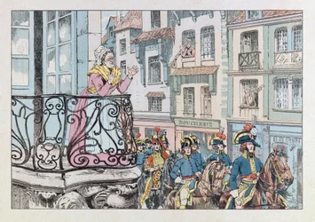 Jacques Marie Gaston Onfray de Breville dit JOB (1858 - 1931); Illustration fra bogen "Les epees de France": General Louis Lazare Hoche (1768-1797) besmitter i spidsen for sine tropper; Coll, del