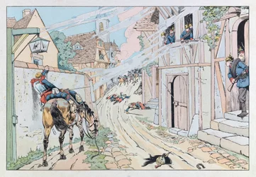 Jacques Marie Gaston Onfray de Breville dit JOB (1858 - 1931); Illustration taget fra bogen "" Les epees de France"": Episode af den franske preussiske krig i 1870, Angreb givet af 9. Cuirassiers i landsbyen Morsbronn; Coll, del