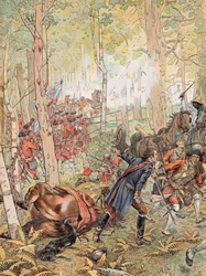 Jacques Marie Gaston Onfroy de Breville dit JOB (1858-1931) - George Washington i slaget ved Monongahela mod franskmændene den 9. juli