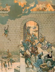 Jacques Marie Gaston Onfroy de Breville dit JOB (1858-1931) - Belgiens historie: Charles the Temerary (1433-1477), greve af Charolais den 25. august 1466 stormer og brænder byen Dinant, privat samling