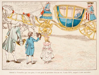 Jacques Marie Gaston Onfroy de Breville dit JOB (1858-1931) - Napoleon Bonaparte bragt til Versailles af sin far ser kong Louis XVI i Carossus for første gang i 1770, privat samling