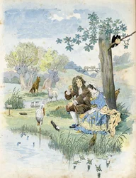 Jean de La Fontaine (Lafontaine) (1621-1695) taler med en ung pige. Omkring dem er dyr til stede i digterens fabler: ulv, lam, stork, skildpadde, rotte, frø, hare, ræv, ravn... i "" Frankrig, hans historie fortalt af G. Montorgueil, imagee af Job" ” 1896. 