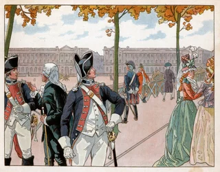 Joachim Murat (1767-1815) og Bessieres i Paris i 1791 iført kostume af kongens forfatningsgarde. Gravering af Jacques Marie Gaston Onfray de Breville dit Job (1858-1931)