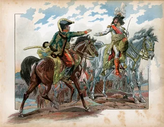 Joachim Murat (1767-1815) og general Antoine Charles Louis de La Salle (Lasalle) (1775-1809) under slaget ved Heilsberg i 1807. Gravering af Jacques Marie Gaston Onfray de Breville dit Job (1858-1931)