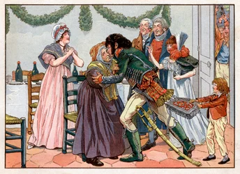 Joachim Murat (1767-1815) derhjemme kysser sin mor i familiens kro. Gravering af Jacques Marie Gaston Onfray de Breville dit Job (1858-1931)