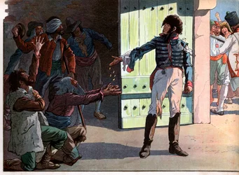 Joachim Murat (1767-1815), afsat konge af Napoli, fange i fæstningen ved Pizzos havn, deler i 1815 sine penge ud til banditter, som er fanget sammen med ham. Gravure af Jacques Marie Gaston Onfray de Bréville, kaldet Job (1858-1931)