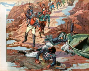 Joachim Murat (1767-1815), dechu-konge af Napoli, taget til fange i Pizzo i Calabrien af den fjendtlige skare i 1815. Gravering af Jacques Marie Gaston Onfray de Breville dit Job (1858-1931)