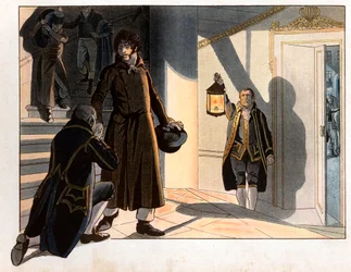 Joachim Murat (1767-1815) flygtede fra sit palads i Napoli natten mellem den 19. og 20. maj 1815 for at vende tilbage til Frankrig efter sit nederlag til østrigerne. Gravering af Jacques Marie Gaston Onfray de Breville dit Job (1858-1931)