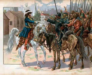 Joachim Murat (1767-1815) i Moskva tilbyder et ur til russere. Gravering af Jacques Marie Gaston Onfray de Breville dit Job (1858-1931)