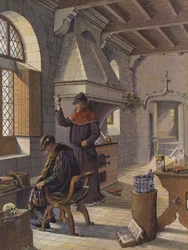 Kong Ludvig XI, efter at have haft et anfald af apopleksi, søger hjælp hos lægen Jacques Coitier for at holde ham i live (farve litho)