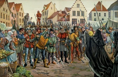Mary of Bourgogne (1457-1482), hertuginde af Bourgogne krævede benåd for sine rådgivere i 1477. Illustration af Jacques Marie Gaston Onfray de Breville dit JOB (1858-1931) i "" Louis XI"""