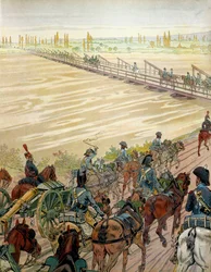 Napoleon I Bonaparte (1769-1821) og hans hær passerede Rhinen den 1. oktober 1805. I "" Napoleon"" af Georges Montorgueil. Illustration af Jacques Marie Gaston Onfray de Breville dit JOB (1858-1931)