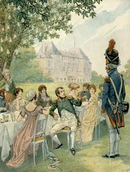 Napoleon I Bonaparte (1769-1821) under en frokost i haven ved slottet Malmaison. Illustration af Jacques Marie Gaston Onfray de Breville dit JOB (1858-1931). Privat samling
