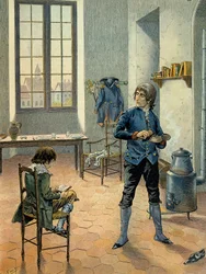 Napoleon I Bonaparte (1769-1821) i garnison i Auxonne med sin bror Louis Bonaparte (1778-1846) læser mellem 1788 og 1789. Illustration af Jacques Marie Gaston Onfray de Breville dit JOB (1858-1931)