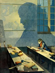 Napoleon I Bonaparte (1769-1821) studerer ved Royal Military School of Brienne (skole drevet af Minimes i Aube, Champagne Ardennes). Dens skygge falder på det geografiske kort over Europa. Illustration af Jacques Marie Gaston Onfray de Breville dit JOB