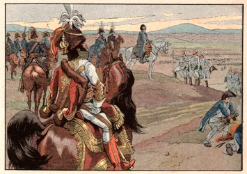 Napoleon I Bonaparte (1769-1821) med Joachim Murat (1767-1815) under overgivelsen af Ulm i 1805. Gravering af Jacques Marie Gaston Onfray de Breville dit Job (1858-1931)