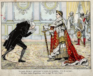 Napoleon og notar Raguideau om morgenen for kroningen, 1804 - litografi af Job (Jacques Onfroy de Bréville) fra »Le Grand Napoléon des Petits Enfants«, 1893