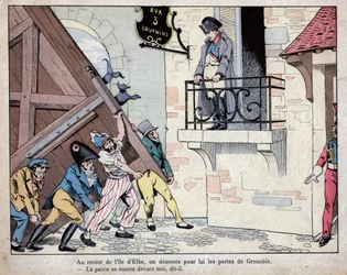 Napoleon samler sine soldater til Grenoble ved sin tilbagevenden fra Elba Island - Byen Grenoble åbner sine porte for Napoleon ved hans tilbagevenden fra eksil på Elba, 7. marts 1815 - litografi af Job (Jacques Onfroy de Breville) fra "" Le Grand Napoleon 