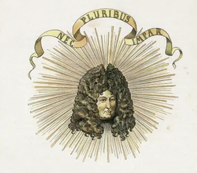Portræt af kong Ludvig XIV (1638-1715) med hans motto på latin "Nec pluribus impar"" (A ingen anden lignende). i "" Frankrig, hans historie fortalt af G. Montorgueil, imagee af Job"" 1896. Privat samling.