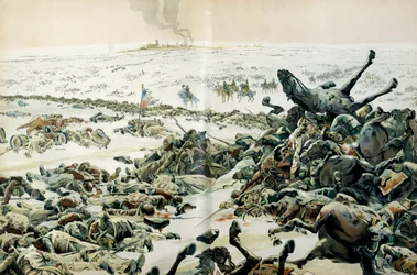 Preussen og Polen-kampagnen (1806-1807): dagen efter Eylaus sejr besøgte Napoleon I Bonaparte (1769-1821) slagmarken og de talrige tab på jorden den 9. februar