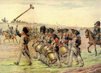 Regiment fra Napoleons hær på march mod slaget til tonerne af musik, ca. 1900