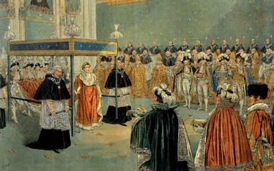 Fremstilling af Napoleon 1.s (1769-1821) kroning i Notre-Dame-katedralen i Paris den 02/12/1804. Illustration ved Jacques Marie Gaston Onfray de Bréville, kaldet Job (1858-1931). Privatsamling