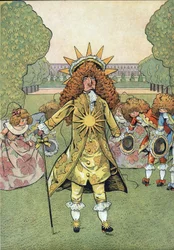 Scene af Frankrigs historie i legetøj: Portræt af Kongen af Frankrig Ludvig XIV (1638-1715) sagde Solkongen i Versailles haver med sit Hof, der trækker ærbødighed. I "" Joujoux a l
