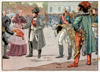 Forsvarerne af Wien overdrog til Napoleon I Bonaparte (1769-1821) byens nøgler i nærværelse af Joachim Murat (1767-1815) den 14/11/1805. Gravering af Jacques Marie Gaston Onfray de Breville dit Job (1858-1931)