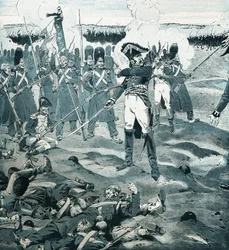 Vagten døde, men reagerede ikke på general Cambronne (1770-1842), der kommanderede den sidste plads i Garde, mens fjenden bad den franske hær om at overgive sig til slaget ved Waterloo den 18. juni 1815. Illustration af Job (Jacques Marie Gaston Onfray og 