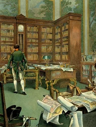 Napoleon 1. Bonapartes (1769-1821) arbejdskabinet på første sal i Palais des Tuileries, mens han var førstekonsul. Skrivebord med bibliotek og ur udført i træ. Illustration af Jacques Marie Gaston Onfray de Breville, kaldet JOB (1858-1931). Privat samling